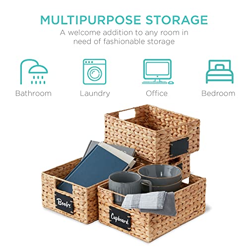 Best Choice Products Set of 4 9x12in Water Hyacinth Pantry Baskets, Woven Organizers w/Chalkboard Label, Chalk Marker - Na...