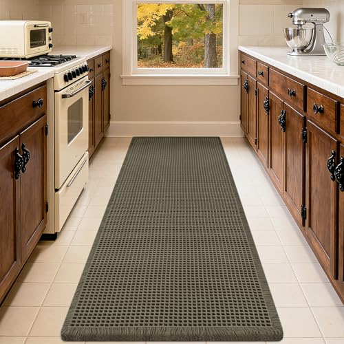 IM HOME Extra Large Waffle Bath Mat, Greyish Green 5'x2', Boho Bathroom Rugs Absorbent Non Slip, Ultra Soft Bathroom Mat, ...