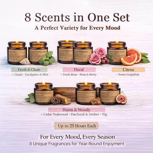 Scented Candles for Home, 8 Pack Soy Wax Candle Set, Aromatherapy Candles, Amber Jar Vintage Apothecary Style, 8 Scents Gi...