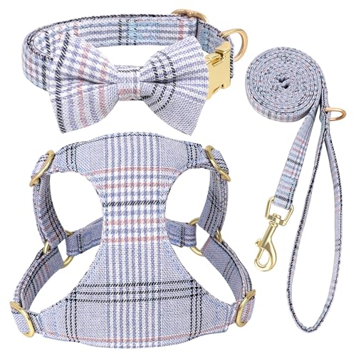 Beirui Cute Extra Small Dog Harness Collar and Leash Set with Bowtie, Soft Adjustable Plaid Puppy Harness for Small Sized ...
