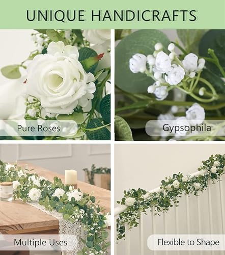 Anna's Whimsy 5.91FT Artificial Eucalyptus Garland with Flowers, Fake Flower Rose Gypsophila, Faux Floral Greenery Garland...