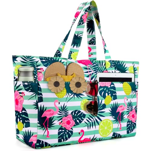ISEYOU Extra Large Beach Bag Waterproof Beach Totes Bags for Women, Lightweight Foldable Pool Bag with Zipper Wet Compartment