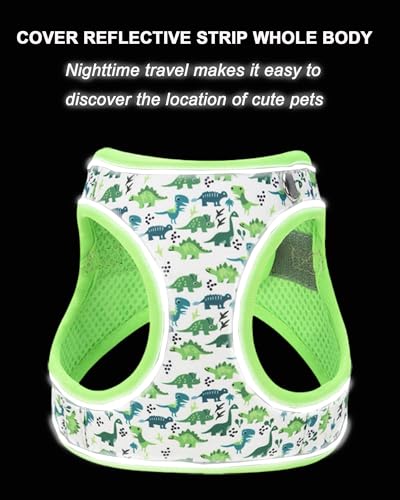 JUFOO XXS Green Dinosaur Pattern Dog Harness and Leash Set,No Escape Puppy Harnesses for Training Walking，Breathable Adjus...