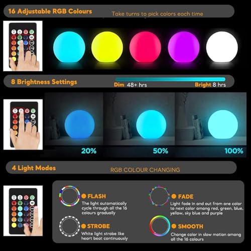 COPU LED Ball Light, 6-inch Glowing Orb Light, Rechargeable Globe Lamp, Dimmable Mood Lights W/Remote, Waterproof Ambient ...