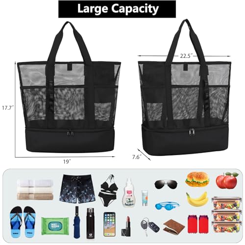 UYLIA Beach Bag with Cooler,Mesh Beach Bags for Women Sandproof for Pool and Swimming Travel Daily with Durable 8 Pocket