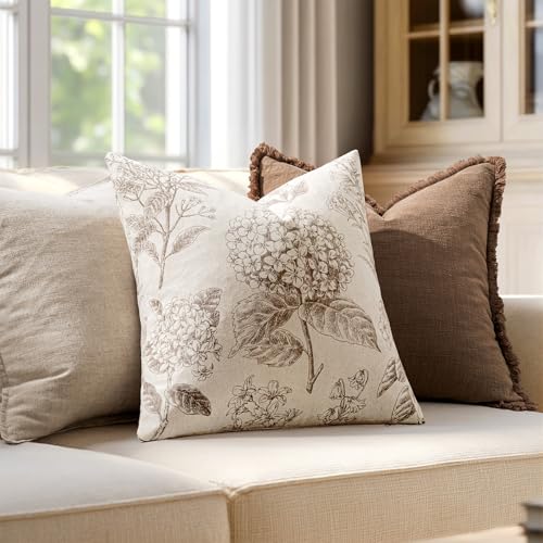 SWANCOCO Set of 2 Decorative Floral Neutral Pillow Covers 18x18 Inch Light Brown Hydrangea Print Spring Farmhouse Boho Vin...