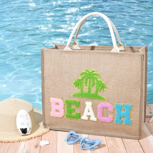 KUIRAN Beach Bag for Women Large Woven Straw Bag with Chenille Letter Patches and Water-resistant Lining, 20L Tote Handbag
