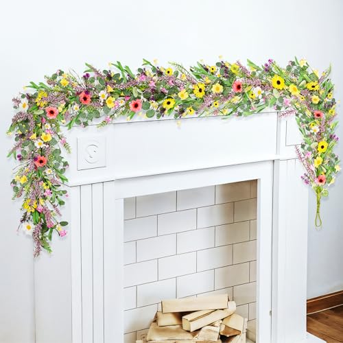 6 ft Spring Artificial Wildflower Garland Wisteria Lavender Garland Daisy and Lavender Faux Floral Vine Summer Floral Fake...