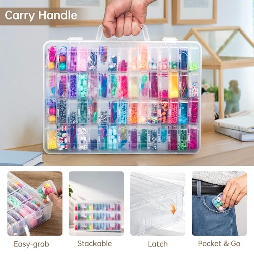 Bead Organizer Box, 60 Pack Small Clear Storage Boxes with Labels, Large Travel Craft Case with Handle, Mini Plastic Conta...