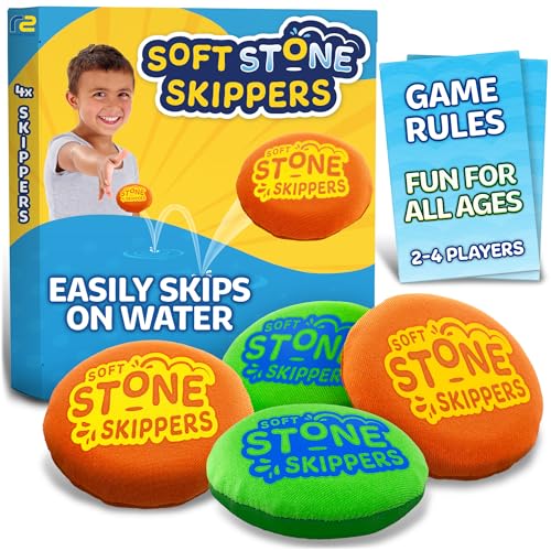 Soft Stone Skippers Game – Fun Pool Toys for Kids All Ages - 4 Pack Water Skipping Discs Set - Beach Games Easter Basket S...