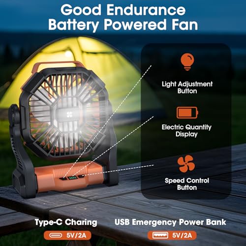 Deller Portable Camping Fans, Battery Operated Fan with LED Light 4 Speeds & Hook, Cordless Battery Powered Fans for Tent ...