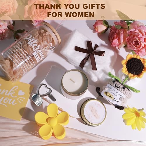 Thank You Gifts for Women Appreciation Gift Basket Sunflower Scented Candle Glass Cup Crochet Decor Unique Set for Coworke...