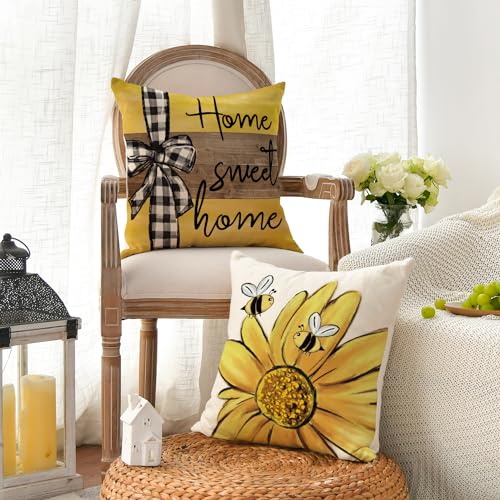 AVOIN colorlife Home Sweet Home Bee Sunflower Throw Pillow Covers, 18 x 18 Inch Love Lives Here Spring Summer Stripes Cush...