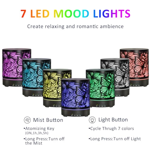 Essential Oil Diffusers 300ML Metal Aromatherapy Oil Diffusers for Large Room,Butterflies & Flower Ultrasonic Cool Mist Di...