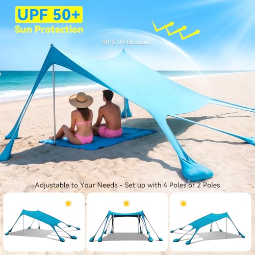 Purebox Beach Tent Sun Shelter - 10x10FT Beach Shade Canopy UPF50+ Protection Easy Setup, with 8 Sandbags, 4 Stability Pol...