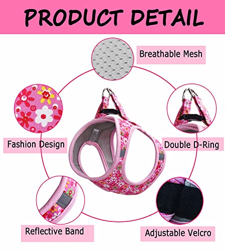 Moonpet Step in Dog Harness Leash Set- All Weather Reflective No-Pull Floral Pattern Padded Mesh Vest Harness for Cats Pup...