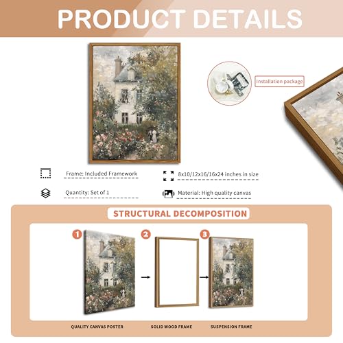 Floating Framed Canvas Vintage Wall Art, Neutral English Cottage Rose Garden Oil Paintings Print, Spring Pictures Wall Dec...