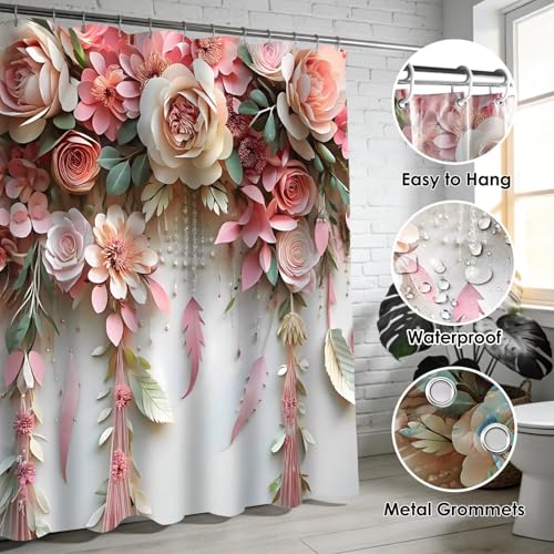 DDQQ Pink Flower Bathroom Shower Curtain Set, Romantic and Cute Rose Floral Polyester Bathroom Decor Set with Shower Curta...