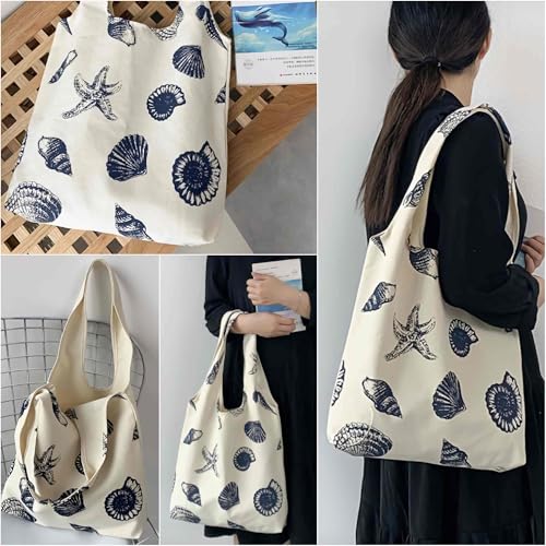 Beach Inspired Canvas Tote Bag For Women, Nautical Seashell And Starfish Print, Casual Shoulder Bag Aesthetic, Cute Small ...