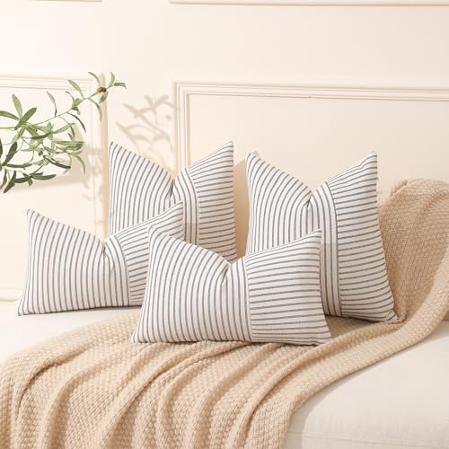 Hckot Farmhouse Pillow Covers 12x20, Lumbar Throw Pillow Covers Set of 2, Black Striped Patchwork Linen Decorative Pillows...