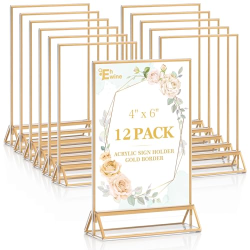 EHWINE 12 Pack Acrylic Sign Holder 4 x 6, Double Sided Gold Picture Frame Stand up Table Top Sign Holders, Clear Display S...