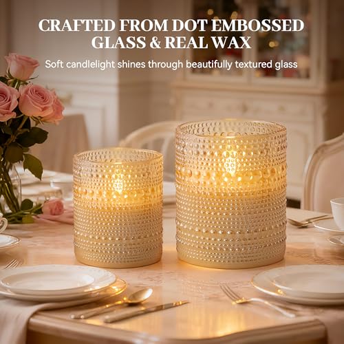 Velsyn Dotted Glass Flameless Candles with Remote Timer, Real Wax Battery Operated LED Pillar Candles with 3D Flickering F...