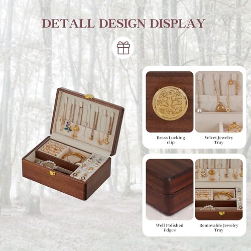 KAOTGOT Wooden Jewelry Box For Women Jewelry Organizer Box With Lock 2 Layer Jewelry Holder Organizer For Necklace Ring Ea...