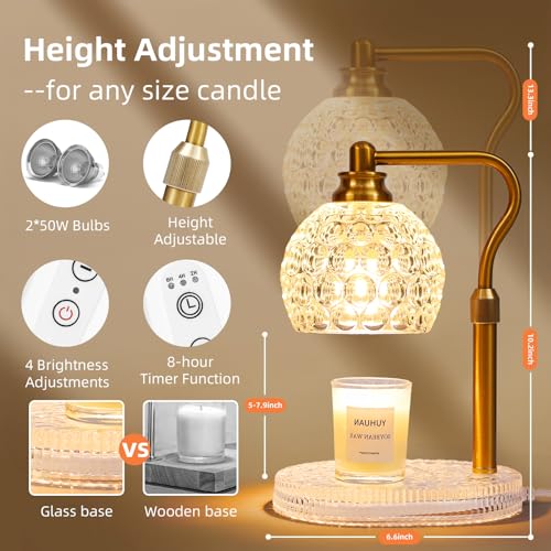 Candle Warmer Lamp with Timer & Dimmer, Glass Lamp Candle Warmer for Jar Candles, UPGRATED with 3 Bulbs, Height Adjustable...