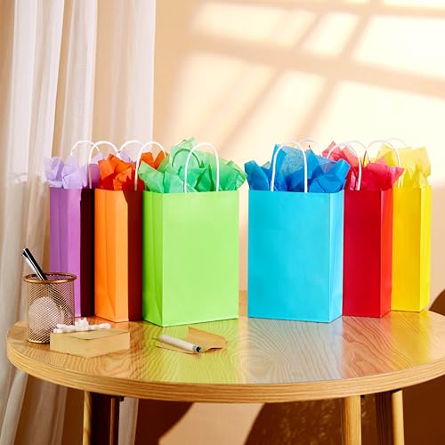 SUNCOLOR Rainbow Gift Bags with Tissue Paper, 24 Pack Small Paper Party Bags, 7.9 x 5.12 x 3.15 Inches, 6 Colors with Hand...