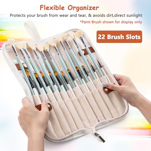 Stand Up Canvas Paint Brush Holder Case for Artists, 22 Slots Brush Organizer with Pop-Up Stand, Zippered Travel Paint Bru...
