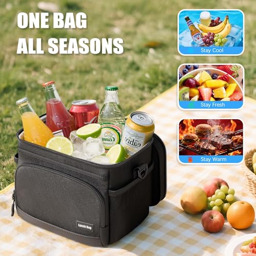 Seeseven Insulated Lunch Bag for Women & Men, Soft Cooler Tote for Work, Office, Travel, Picnic - Black, 9L