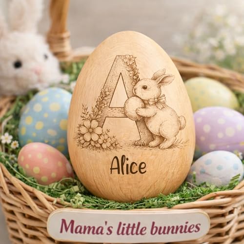 Personalized Wooden Easter Egg with Initial and Name, Custom Engraved Bunny & Floral Wood Egg, Unique Spring Holiday Gift ...