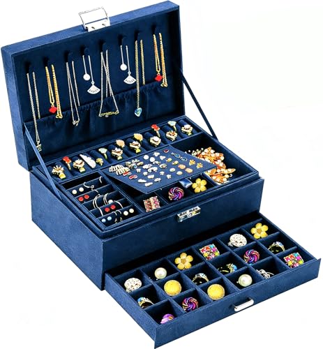 QBestry 3-Layer Jewelry Box for Women with Lock and Key & Drawer, Large Jewelry Organizer with 8 Necklace Hooks & 56 Earri...