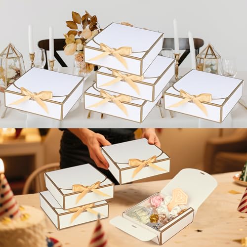 10Pack Small Gift Boxes, 6.5''x6.5''x2'' White Gift Boxes with Ribbon, Small Boxes for Gifts Birthday Wedding Party Valent...