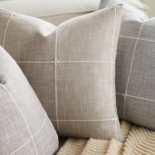 YZJZEDS 2 Packs Grid Embroidery Lumbar Throw Pillow Covers, 12x20 Inch Taupe, Farmhouse Linen Decorative Light Brown Cushi...
