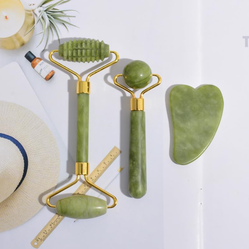 3-in-1 Jade Roller and Gua Sha Facial Kit | 100% Natural Jade Stone Massager Set for Anti-Aging, Wrinkle Reduction & Skin ...