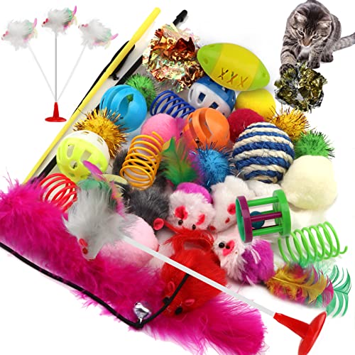 Cat Toys Kitten Toys Assortments, 32 Packs Cat Toys Variety Pack for Kitty, Cat Balls with Bells,Cat Feather Toy, Cat Mous...