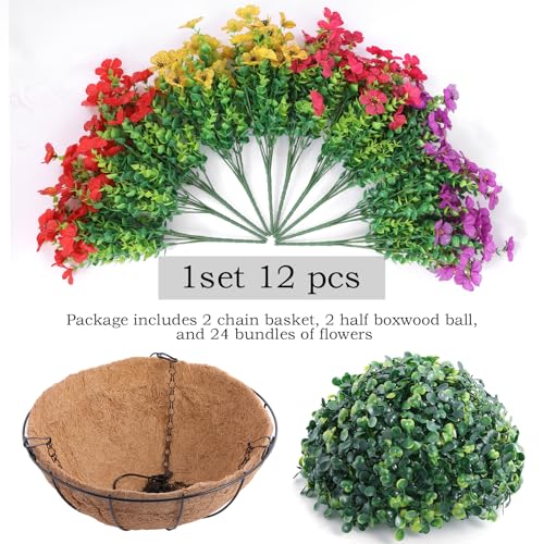 Hananona 2 Set Artificial Outdoor Flowers with Hanging Basket, 2 Hanging Planters with 24 Pcs Flowers for Spring Summer Fr...