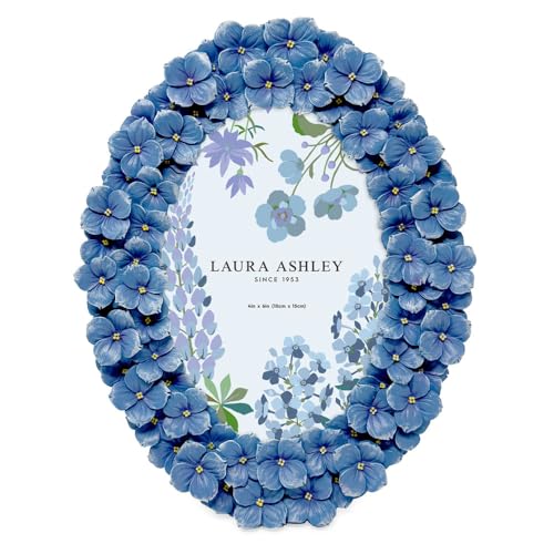 Laura Ashley 4x6 Blue Hydrangea Flower Textured Hand-Crafted Resin Oval Picture Frame with Easel & Hook, Tabletop & Wall D...