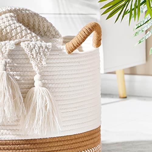 KAKAMAY Large Blanket Basket (20"x13"),Woven Baskets for storage Baby Laundry Hamper, Cotton Rope Blanket Basket for Livin...