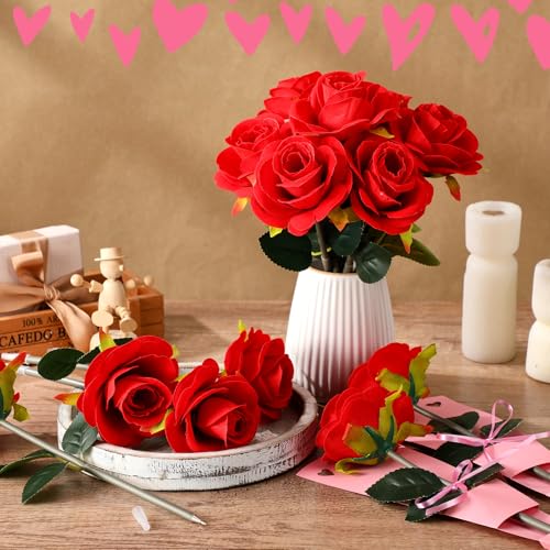Feifeiya 30 Sets Mother's Day Flower Pens with Gift Cards Red Rose Ballpoint Pen Bulk Artificial Rose Pens Gift for Weddin...