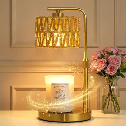 Candle Warmer Lamp with Timer, Dimmable Candle Warmer for Jar Candles, Height Adjustable Candle Lamp Warmer, Boho Rattan L...