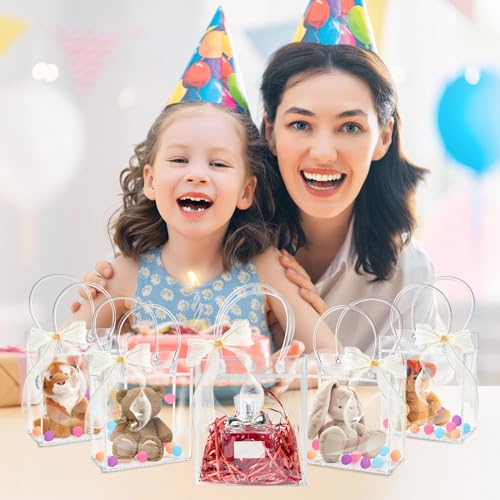 Ohuimrt 50 PCS Clear Plastic Gift Bags with Handles, 5.9 x 4.92 x 2.75 Inches Reusable Party Favor Bags with Ribbon Transp...