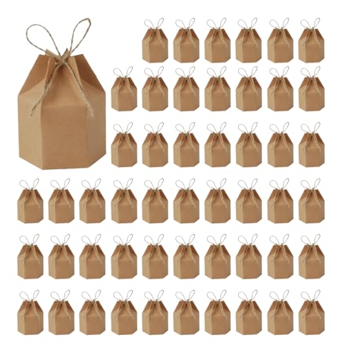 Odowalker 50 Pcs Lantern Hexagon Kraft Paper Package Box with Twine, Paper Candy Boxes, Gift Wrap Boxes for Birthday Weddi...