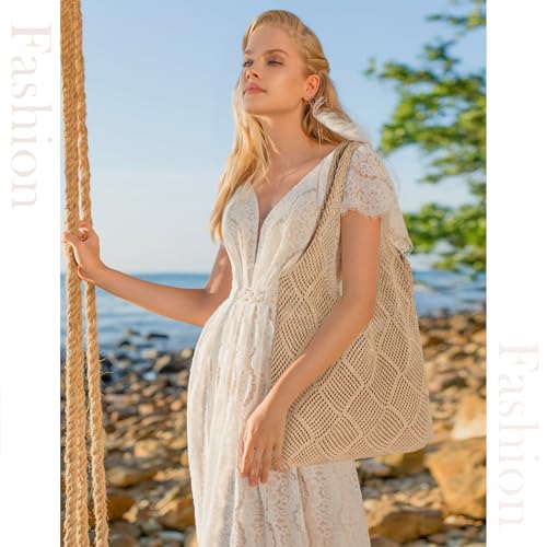 Sightor Crochet Tote Bag, Mesh Beach Bag Knit Summer Hobo Bag Vacation Boho Tote Bag for Women