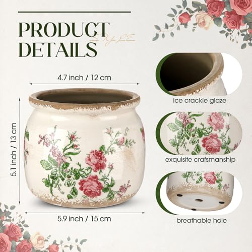 Ninehaoou Vintage Planter Large Ceramic Plants Pot Beige Pink French Rose Ice Crack Cottage Scroll Vase Flower Vase Pot In...