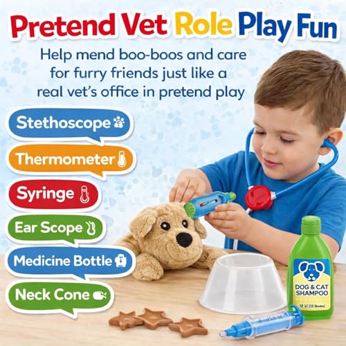 34-Piece Kids Pretend Vet Playset, Veterinarian Role Play Doctor Toy Kit with Plush Dog & Cat, Pet Care Grooming Set with ...