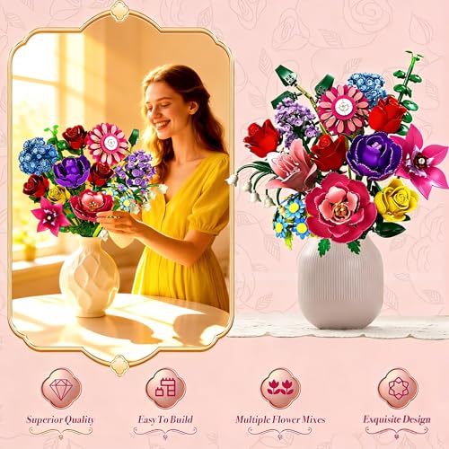 Rongmeiz Mother's Day Flower Bouquet Building Set, 1020 PCS Botanical Collection Building Block Toy, Rose Flowers Plant Ho...