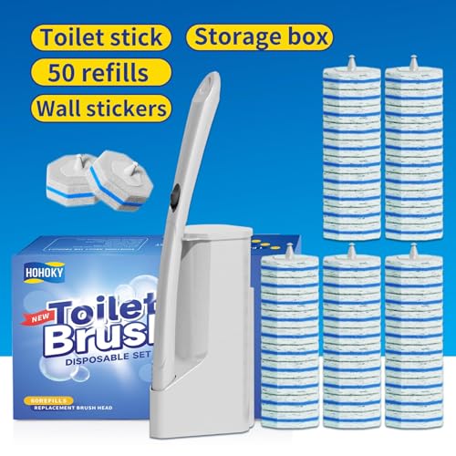 Disposable Toilet Brush Cleaning System with 50pcs Refills Pads Replacement Heads, Toilet Cleaning Stick, Wall Mounted Tol...