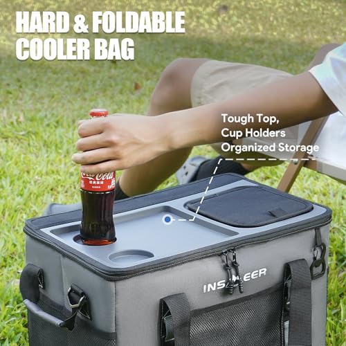 INSMEER Soft Cooler Bag with Hard Shell & 2 Cup Holders, Portable 40L/70 Cans Collapsible Cooler Bags Insulated with Leakp...